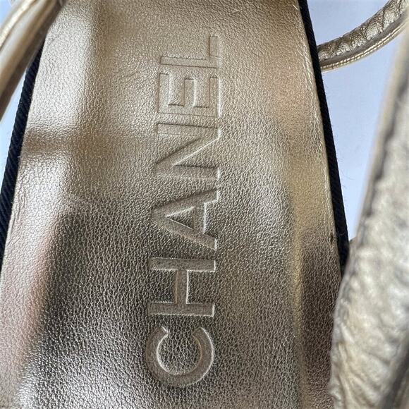 Chanel Black Grosgrain Logo Cap Toe Gold Leather Strappy Gladiator Heels Pumps - Picture 7 of 10